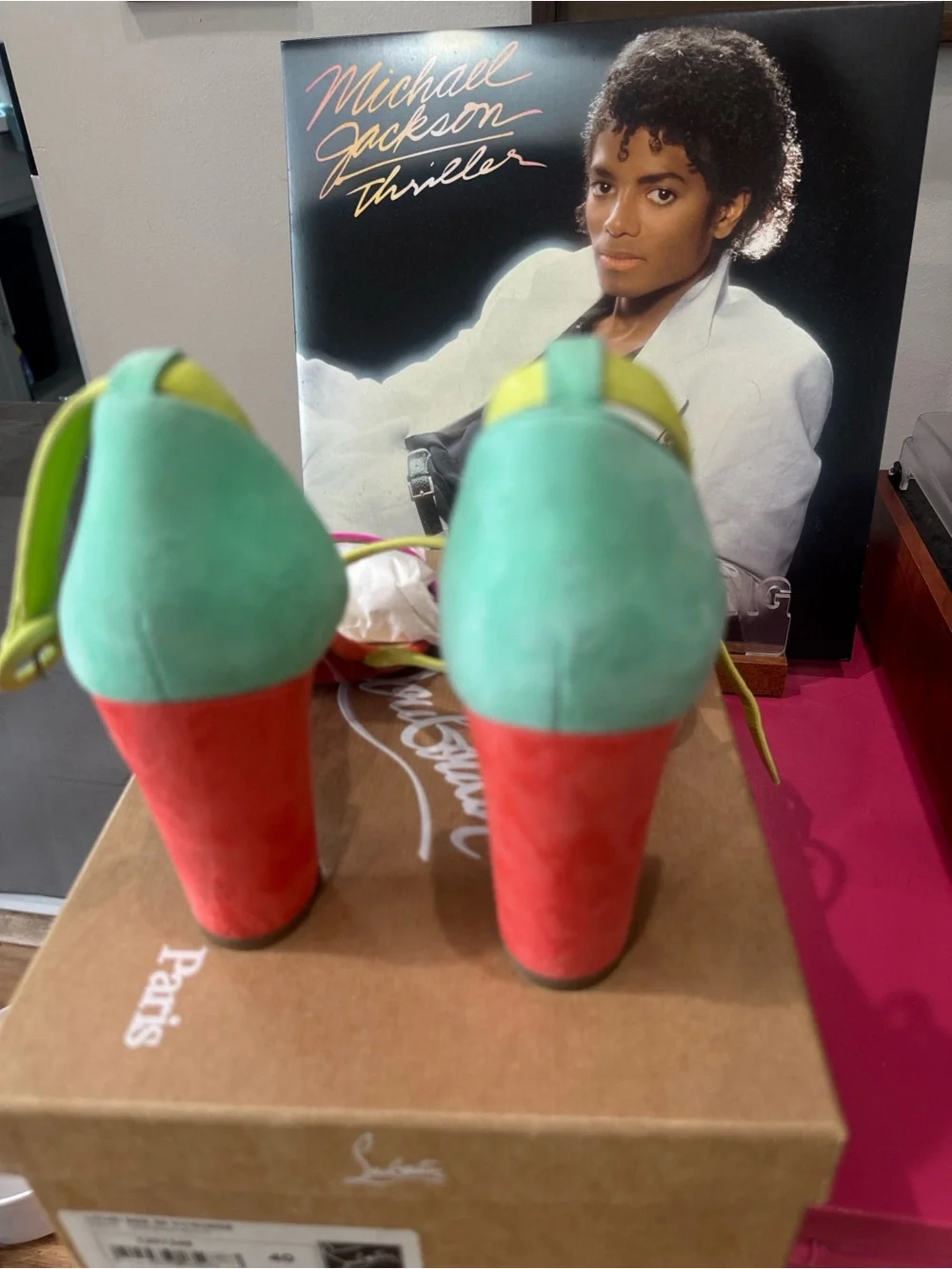 Christian Louboutin Multicolor Suede Block Heels - Pink, Green, Red, Yellow